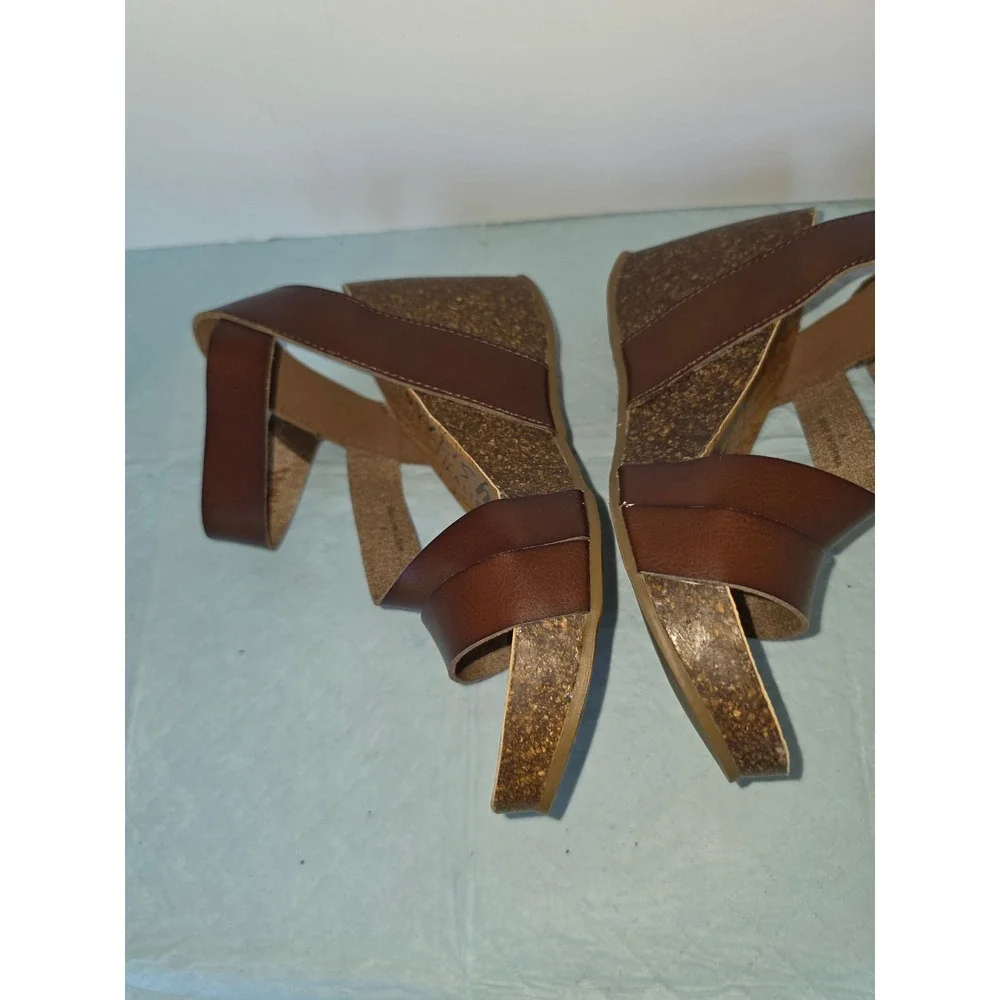 Blowfish Malibu Womens Brown Faux Leather Cork Wedge Sandals Ankle Strap Size 8